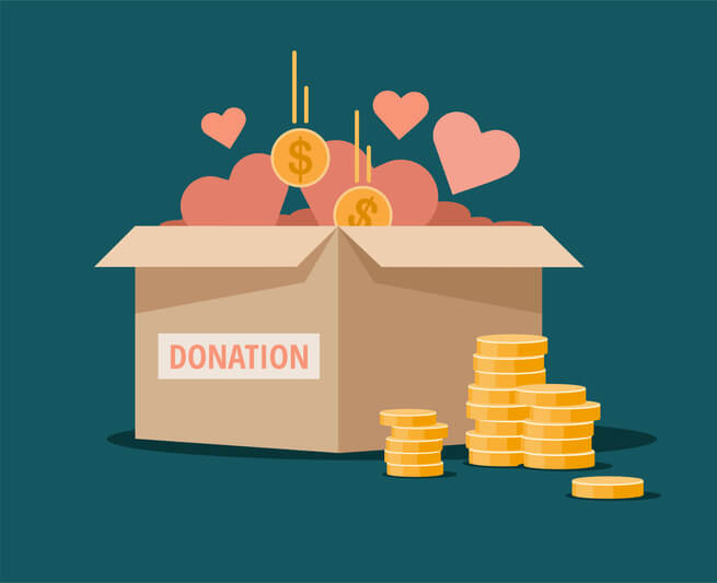 Charity donation box with coins and hearts