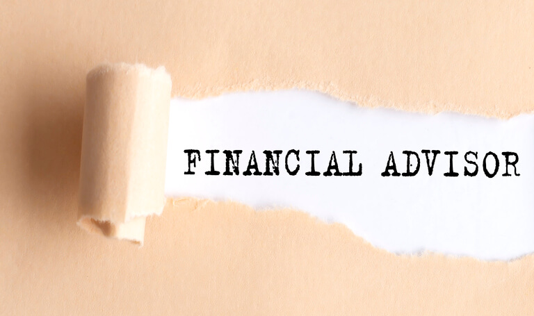 text FINANCIAL ADVISOR appears on a torn paper on white background